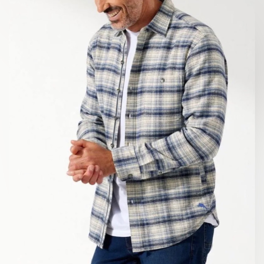 Tommy Bahama Heavyweight Flannel Shirt Mens Size XXL Plaid Blue White Cotton - Picture 2 of 14